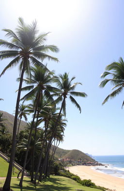 A picturesque landscape featuring tall palm trees under a clear blue sky, surrounded by lush greenery and gentle rolling hills