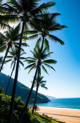 A picturesque landscape featuring tall palm trees under a clear blue sky, surrounded by lush greenery and gentle rolling hills