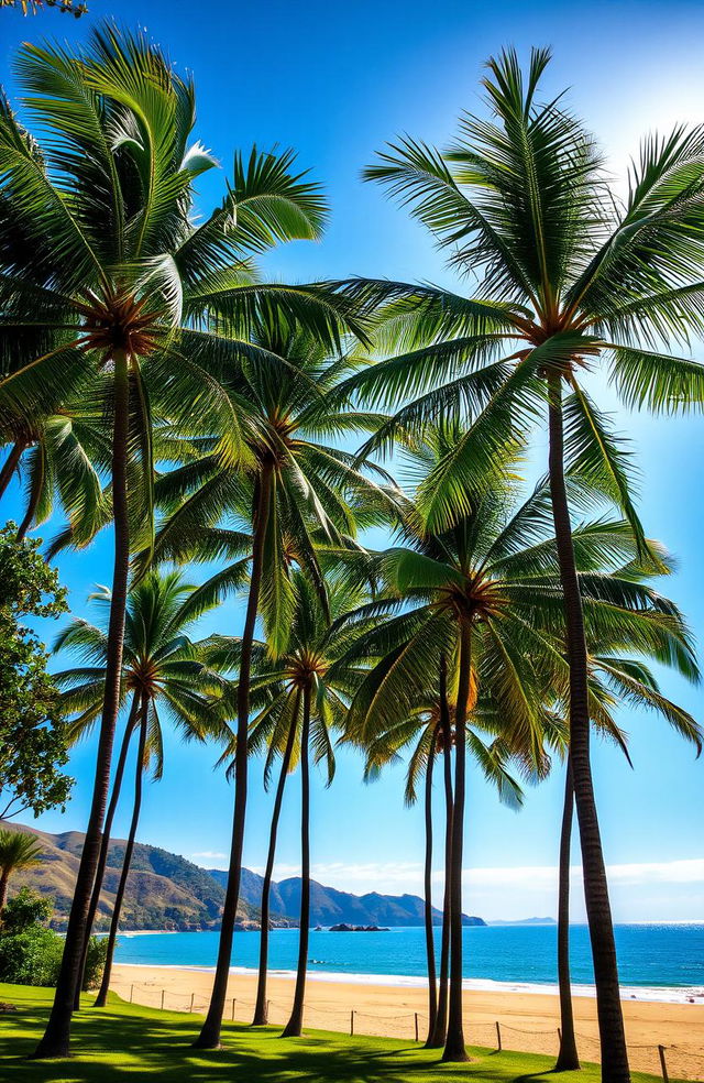 A picturesque landscape featuring tall palm trees under a clear blue sky, surrounded by lush greenery and gentle rolling hills