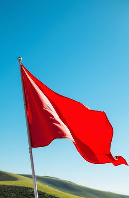 A vivid representation of a red flag waving proudly in a bright blue sky
