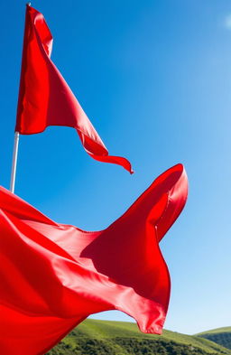 A vivid representation of a red flag waving proudly in a bright blue sky