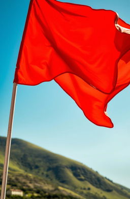 A vivid representation of a red flag waving proudly in a bright blue sky