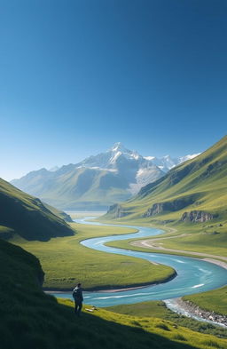 A serene landscape depicting a majestic mountain range under a clear blue sky, with sunlight illuminating the peaks