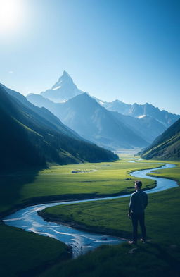 A serene landscape depicting a majestic mountain range under a clear blue sky, with sunlight illuminating the peaks