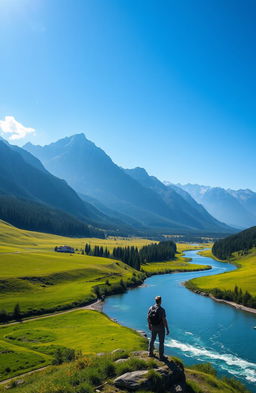A serene landscape depicting a majestic mountain range under a clear blue sky, with sunlight illuminating the peaks