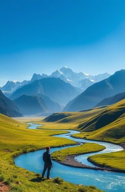 A serene landscape depicting a majestic mountain range under a clear blue sky, with sunlight illuminating the peaks
