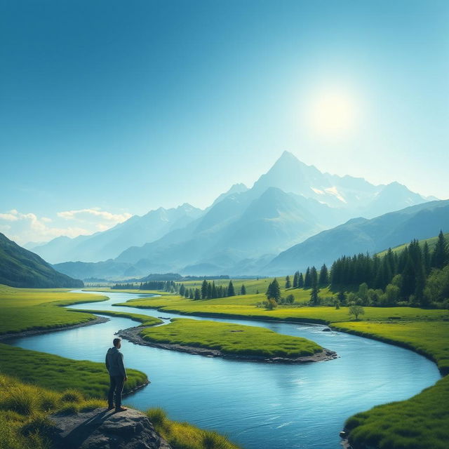 A serene landscape depicting a majestic mountain range under a clear blue sky, with sunlight illuminating the peaks