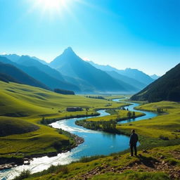 A serene landscape depicting a majestic mountain range under a clear blue sky, with sunlight illuminating the peaks