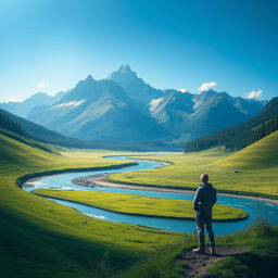 A serene landscape depicting a majestic mountain range under a clear blue sky, with sunlight illuminating the peaks