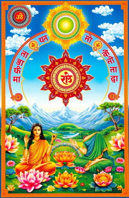 A vibrant and intricate depiction of the Sanatan philosophy, showcasing elements of traditional Indian culture, spirituality, and nature