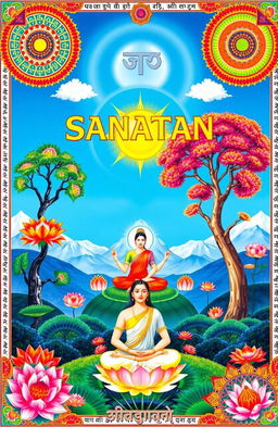 A vibrant and intricate depiction of the Sanatan philosophy, showcasing elements of traditional Indian culture, spirituality, and nature