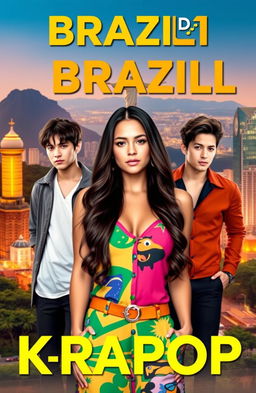 A captivating book cover featuring a beautiful Brazilian woman with long, dark hair, dressed in colorful, stylish clothing typical of a tourist guide