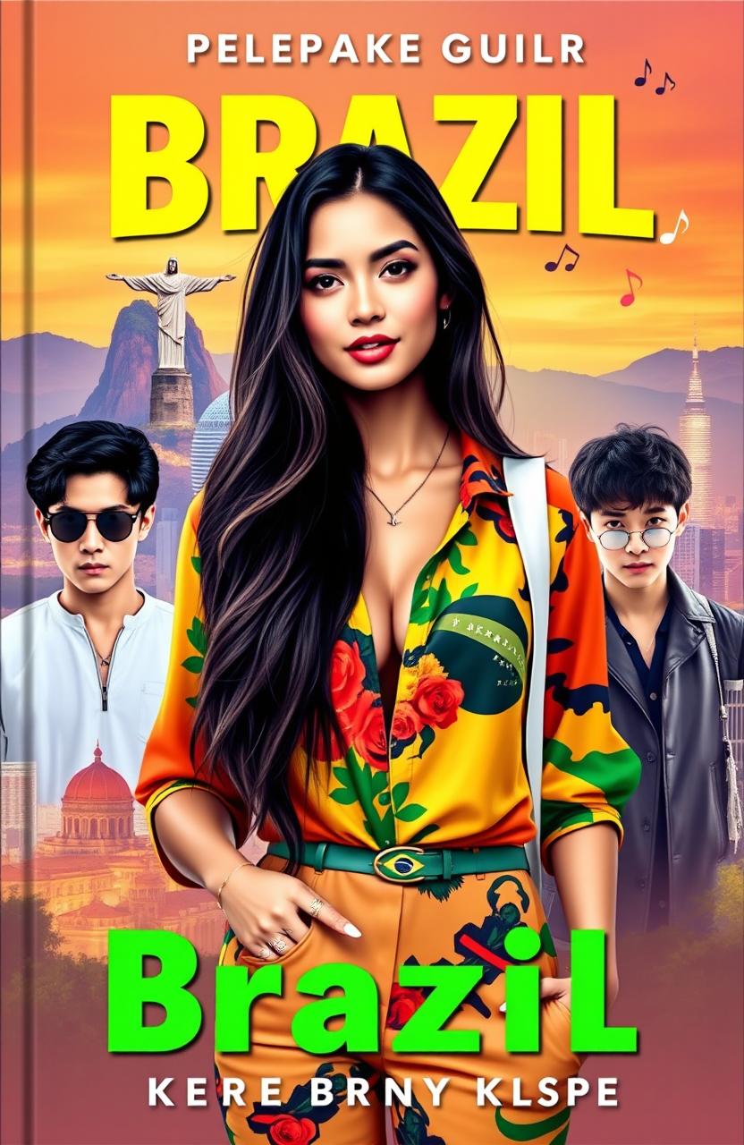 A captivating book cover featuring a beautiful Brazilian woman with long, dark hair, dressed in colorful, stylish clothing typical of a tourist guide