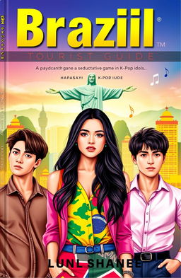 A captivating book cover featuring a beautiful Brazilian woman with long, dark hair, dressed in colorful, stylish clothing typical of a tourist guide