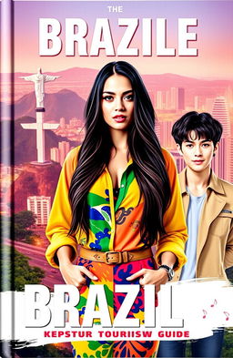 A captivating book cover featuring a beautiful Brazilian woman with long, dark hair, dressed in colorful, stylish clothing typical of a tourist guide