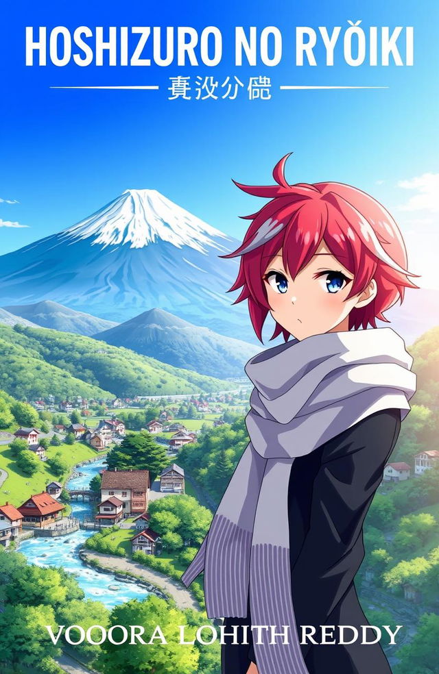 An anime character with vibrant hair and distinctive features, wearing a stylish scarf, stands majestically before the iconic Mount Fuji