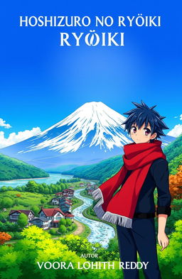 An anime character with vibrant hair and distinctive features, wearing a stylish scarf, stands majestically before the iconic Mount Fuji