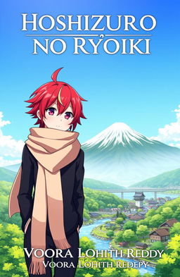 An anime character with vibrant hair and distinctive features, wearing a stylish scarf, stands majestically before the iconic Mount Fuji