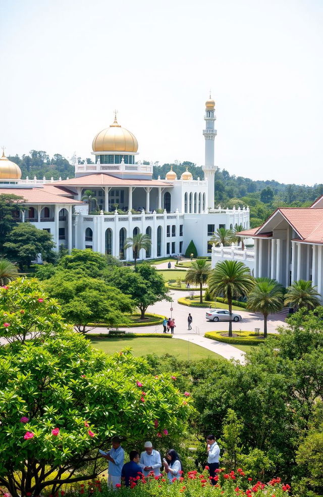 A serene and picturesque landscape of the UIN Sultan Aji Muhammad Idris Samarinda campus, showcasing modern Islamic architecture and lush greenery