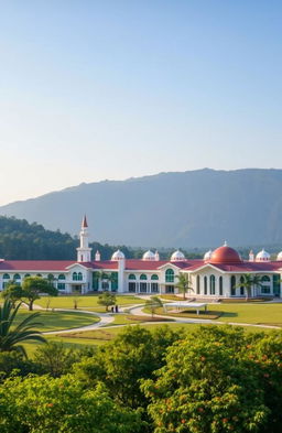 A serene and picturesque landscape of the UIN Sultan Aji Muhammad Idris Samarinda campus, showcasing modern Islamic architecture and lush greenery