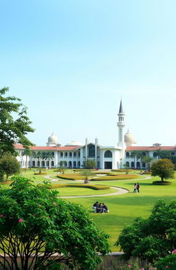 A serene and picturesque landscape of the UIN Sultan Aji Muhammad Idris Samarinda campus, showcasing modern Islamic architecture and lush greenery
