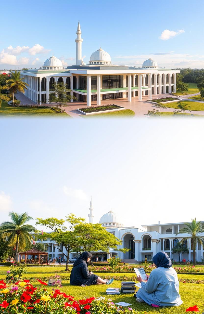 A serene and picturesque landscape of the UIN Sultan Aji Muhammad Idris Samarinda campus, showcasing modern Islamic architecture and lush greenery