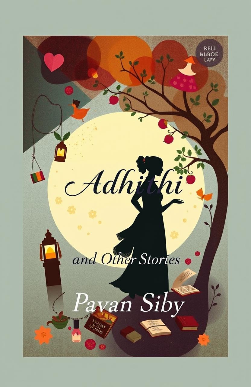 A book cover design for 'Adhithi and Other Stories' by Pavan Siby, featuring an abstract representation of storytelling and cultural themes