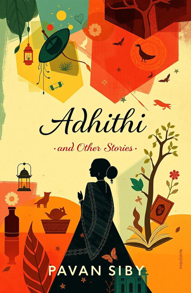 A book cover design for 'Adhithi and Other Stories' by Pavan Siby, featuring an abstract representation of storytelling and cultural themes