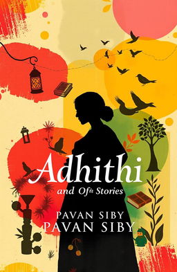 A book cover design for 'Adhithi and Other Stories' by Pavan Siby, featuring an abstract representation of storytelling and cultural themes