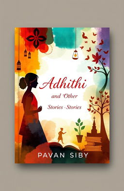 A book cover design for 'Adhithi and Other Stories' by Pavan Siby, featuring an abstract representation of storytelling and cultural themes