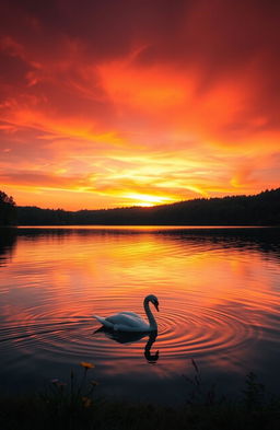 A breathtaking sunset over a tranquil lake surrounded by lush forest