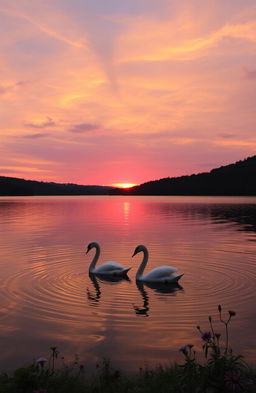 A breathtaking sunset over a tranquil lake surrounded by lush forest