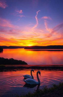 A breathtaking sunset over a tranquil lake surrounded by lush forest