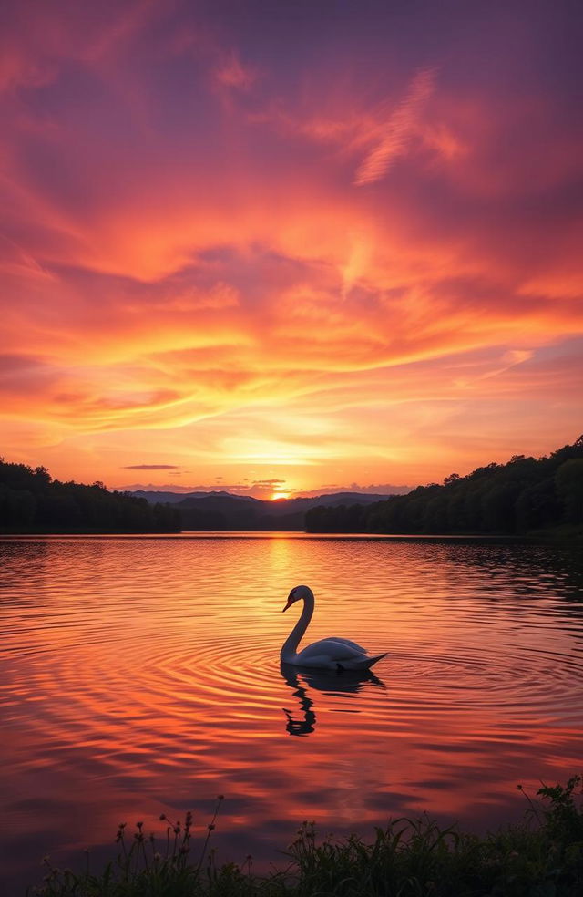 A breathtaking sunset over a tranquil lake surrounded by lush forest