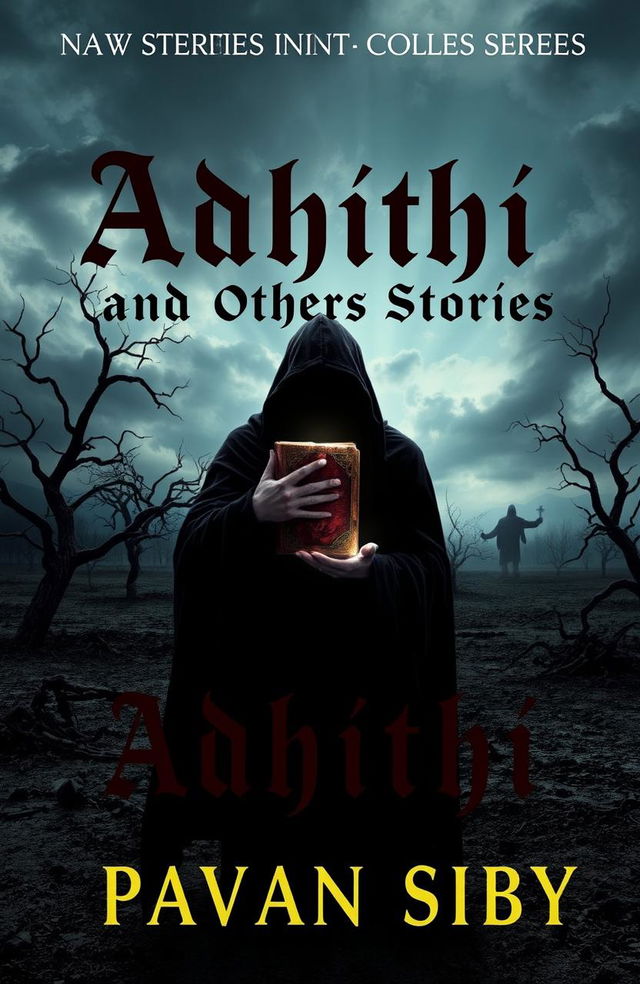 A collection of dark short stories titled 'Adhithi and Other Stories' by Pavan Siby, featuring eerie and unsettling themes