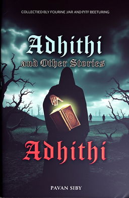 A collection of dark short stories titled 'Adhithi and Other Stories' by Pavan Siby, featuring eerie and unsettling themes