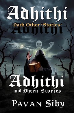 A collection of dark short stories titled 'Adhithi and Other Stories' by Pavan Siby, featuring eerie and unsettling themes