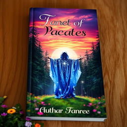 A captivating book cover design that features an enchanting forest scene, with tall, lush green trees and colorful flowers in the foreground