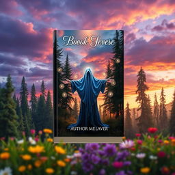 A captivating book cover design that features an enchanting forest scene, with tall, lush green trees and colorful flowers in the foreground