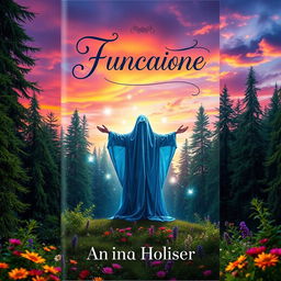 A captivating book cover design that features an enchanting forest scene, with tall, lush green trees and colorful flowers in the foreground