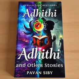 An eye-catching cover for a short story collection titled 'Adhithi and Other Stories' by Pavan Siby, showcasing a variety of genres
