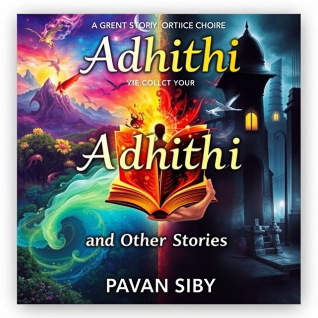 An eye-catching cover for a short story collection titled 'Adhithi and Other Stories' by Pavan Siby, showcasing a variety of genres