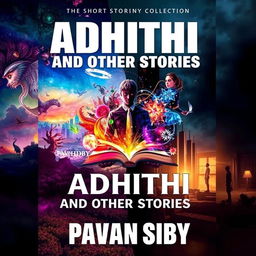 An eye-catching cover for a short story collection titled 'Adhithi and Other Stories' by Pavan Siby, showcasing a variety of genres