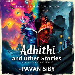 An eye-catching cover for a short story collection titled 'Adhithi and Other Stories' by Pavan Siby, showcasing a variety of genres