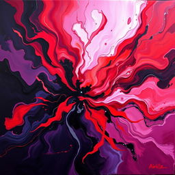A vibrant painting showcasing the mix of love and pain through color, featuring rich reds and soft pinks representing love blending seamlessly into darker hues like deep purples and blacks symbolizing pain