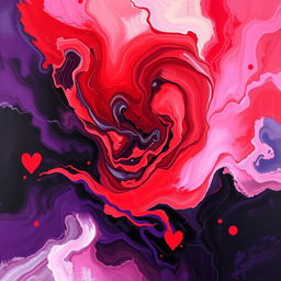 A vibrant painting showcasing the mix of love and pain through color, featuring rich reds and soft pinks representing love blending seamlessly into darker hues like deep purples and blacks symbolizing pain