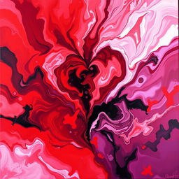 A vibrant painting showcasing the mix of love and pain through color, featuring rich reds and soft pinks representing love blending seamlessly into darker hues like deep purples and blacks symbolizing pain