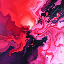 A vibrant painting showcasing the mix of love and pain through color, featuring rich reds and soft pinks representing love blending seamlessly into darker hues like deep purples and blacks symbolizing pain