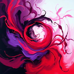 An emotive artwork depicting the mix of love and pain through color, showcasing vibrant shades of red and pink representing love combined with deep hues of purple and black symbolizing pain