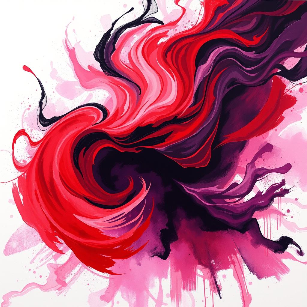 An emotive artwork depicting the mix of love and pain through color, showcasing vibrant shades of red and pink representing love combined with deep hues of purple and black symbolizing pain